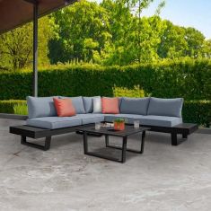 Σαλόνι κήπου γωνιακό Lyra Megapap σετ 3 τμχ μέταλλο - ξύλο χρώμα μαύρο |  Σαλόνια κήπου στο espiti