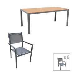 Tραπεζαρία Nares-Moly pakoworld σετ 7τεμ ανθρακί αλουμίνιο και φυσικό plywood 180x90x72.5εκ |  Σετ τραπεζαρία κήπου στο espiti