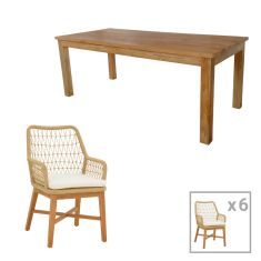 Τραπεζαρία 7τεμ Elaiza-Wooly pakoworld teak ξύλο σε φυσική-μπεζ απόχρωση 220x90x75εκ |  Σετ τραπεζαρίες στο espiti