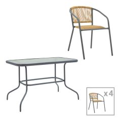 Τραπεζαρία Valor-Lindaria pakoworld σετ 5τεμ μέταλλο ανθρακί-γυαλί-pe rattan σε φυσική απόχρωση 110x60x70εκ |  Σετ τραπεζαρία κήπου στο espiti