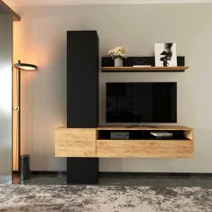 Σύνθετο σαλονιού Wendy pakoworld σε oak-μαύρη απόχρωση 195.1x37.3x219.1εκ |  Συνθέσεις σαλονιού στο espiti