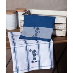 Σετ 2 τεμαχίων ποτηρόπανα (50cm x 70cm) μπλέ ιππόκαμπος RHODES 6978000003403 SilkFashion |  Πετσέτες Κουζίνας στο espiti