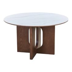 Τραπέζι Merge pakoworld sintered stone-mdf σε λευκό μαρμάρου με καρυδί βάση Φ130x75εκ |  Τραπέζια στο espiti