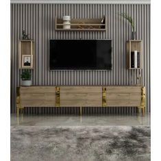 Stewehome Μοντέρνα Βάση Τηλεόρασης με Ράφια &amp; Κομψό Design ΛΕΥΚΟ ΜΕ ΧΡΥΣΟ 180x31x45 cm 331779 |  Έπιπλα τηλεόρασης στο espiti