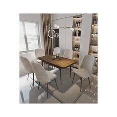 Stewehome Σετ τραπεζαρίας με τραπέζι ανοικτό κλειστό και 6 καρέκλες από ξύλο γκούργκεν με ύφασμα nubuk Μπεζ 80x130x78 cm 791815 |  Σετ τραπεζαρίες στο espiti