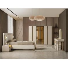 Stewehome Σετ Κρεβατοκάμαρας Εκρού με Φωτισμό &amp; Χρυσές Πινελιές 7τεμ 210x250x220 cm 954253 |  Σέτ Κρεβατοκάμαρας στο espiti
