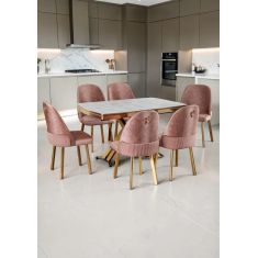 Stewehome Σετ Τραπεζαρίας 6 Ατόμων με Καρέκλες -Ροζ/λευκό με μαρμάρινο σχέδιο 120x80x75 cm 596668 |  Σετ τραπεζαρίες στο espiti
