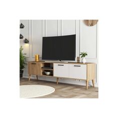 Stewehome Σκανδιναβική επιτοίχια μονάδα τηλεόρασης με ντουλάπια και ξύλινα πόδια Λευκό 180x35x53 cm 389386 |  Έπιπλα τηλεόρασης στο espiti
