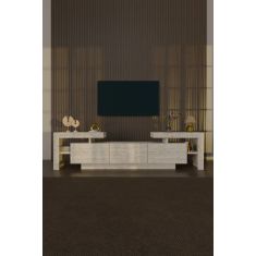 Stewehome Σύγχρονη επιτοίχια μονάδα τηλεόρασης με LED φώτα 3 πόρτες και ράφια travertine όψη Εκρού 190x30x60 cm 203985 |  Έπιπλα τηλεόρασης στο espiti