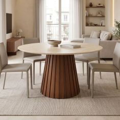 Τραπέζι Franzel pakoworld sintered stone σε όψη τραβερτίνας-mdf καρυδί Φ120x75εκ |  Τραπέζια στο espiti