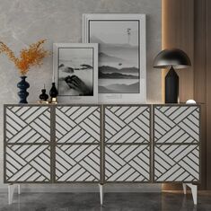 Stewehome Κονσόλα Grace με γεωμετρικό σχέδιο Καρυδιά / Ανθρακί 150x40x79 cm 190675 |  Βιτρίνες - Έπιπλα εισόδου στο espiti
