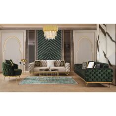 Stewehome 3+3+1 Versace Κρεμ και Πράσινο Κολονάκι Καναπές 225x95x85 cm 254369 |  Καναπέδες στο espiti