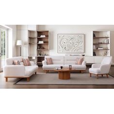 Stewehome Valens Σετ Καναπέδων 3+3+1 Με Ξύλινα Πόδια Στρογγυλού Σχεδιασμού Μπεζ 240x110x90 cm 525164 |  Καναπέδες στο espiti