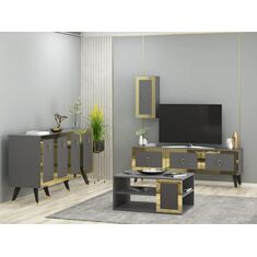 Stewehome BARE 3'li Σαλόνι Έπιπλο Τηλεόρασης Τραπεζάκι &amp; Μπουφές | Γκρι Ανθρακί Χρυσό 150x40x80 cm 165718 |  Φοιτητικα Πακετα στο espiti
