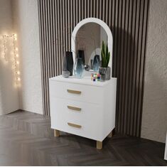 Stewehome Συρταριέρα MDF Λευκή με Καθρέφτη &amp; 3 Συρτάρια 70x42x155 cm 564461 |  Συρταριέρες -Κονσόλες στο espiti