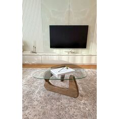 Stewehome Τραπεζάκι Σαλονιού Μοντέρνο με Γυαλί &amp; Ξύλινη Βάση -καρυδιάς 90x65x30 cm 904104 |  Τραπεζάκια σαλονιού στο espiti