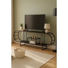 Stewehome Minimal Έπιπλο Τηλεόρασης Μαύρο Μεταλλικό με Ράφια Μαύρο 161x37x55 cm 466394 |  Έπιπλα τηλεόρασης στο espiti
