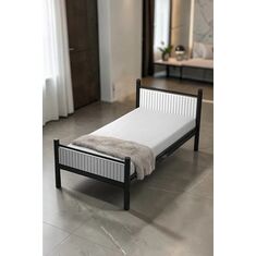Stewehome Μονό κρεβάτι σύγχρονο μεταλλικό με ξύλινη λεπτομέρεια -μαύρο 90x190 cm 586567 |  Κρεβάτια στο espiti