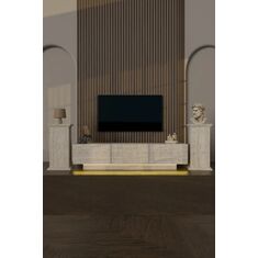 Stewehome Μοντέρνα επιτοίχια μονάδα τηλεόρασης με LED φωτισμό 3 πόρτες βιβλιοθήκες δεξιά και αριστερά σχέδιο travertine Μπεζ 190x30x45 cm 455038 |  Έπιπλα τηλεόρασης στο espiti