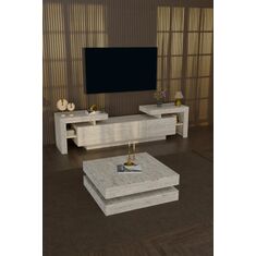 Stewehome Σετ μοντέρνας σύνθεσης τηλεόρασης με led φωτισμό και διώροφο τραπεζάκι σαλονιού με εφέ τραβερτίνη Εκρού 190x30x60 cm 633240 |  Έπιπλα τηλεόρασης στο espiti