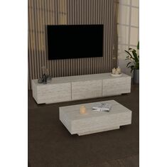 Stewehome Σύνθεση τηλεόρασης με led φωτισμό και ορθογώνιο τραπεζάκι σαλονιού με led φωτισμό μοντέρνου σχεδιασμού από τραβερτίνη Εκρού 130x30x45 cm 953008 |  Έπιπλα τηλεόρασης στο espiti