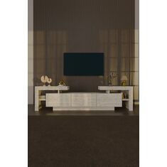 Stewehome Σύγχρονη επιτοίχια μονάδα τηλεόρασης με LED φώτα 3 πόρτες και ράφια travertine όψη Εκρού 190x30x60 cm 203985 |  Έπιπλα τηλεόρασης στο espiti
