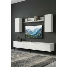 Stewehome Σετ μοντέρνας λευκής σύνθεσης τηλεόρασης με ντουλάπια από σανίδα μελαμίνης 180x30x41 cm 189130 |  Έπιπλα τηλεόρασης στο espiti