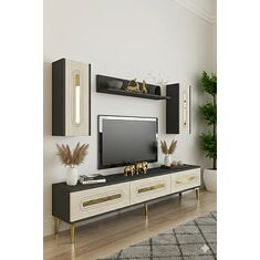 Stewehome Σετ μονάδας τηλεόρασης με ράφι μοντέρνου στιλ από σανίδα μελαμίνης 180x30x41 cm 779331 |  Έπιπλα τηλεόρασης στο espiti