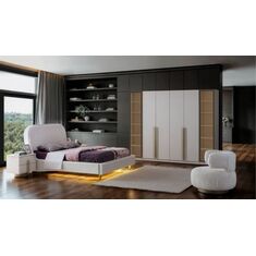Stewehome Σετ υπνοδωματίου μοντέρνο με ντουλάπα 6 θυρών κρεβάτι με βάση και υφασμάτινη επένδυση κομοδίνο και συρταριέρα Βιζόν Μπεζ Bonj 19 180x60x220 cm 53417191 |  Σέτ Κρεβατοκάμαρας στο espiti