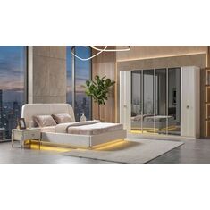 Stewehome Σετ υπνοδωματίου με κρεβάτι βάσης υφασμάτινη επένδυση ντουλάπα με 6 πόρτες κομοδίνο και συρταριέρα Βιζόν Μπεζ 257x61x220 cm 50858068 |  Σέτ Κρεβατοκάμαρας στο espiti