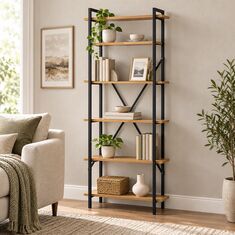 Βιβλιοθήκη Derena pakoworld oak με μαύρο μέταλλο 60x29x160εκ |  Βιβλιοθήκες στο espiti