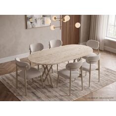 Stewehome Τραπέζι τραπεζαρίας Loren όψη τραβερτίνη 6 ατόμων με 6 μεταλλικές καρέκλες με ύφασμα Puffy 80x160 cm 37789183 |  Σετ τραπεζαρίες στο espiti
