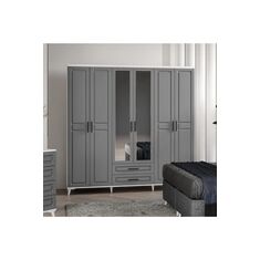 Stewehome Ντουλάπα με 6 πόρτες και καθρέφτη από mdf σε ανθρακί και λευκό χρώμα 210x52x52 cm 96289679 |  Ντουλάπες ρούχων στο espiti