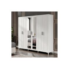 Stewehome Ντουλάπα με 6 πόρτες από MDF με καθρέφτη λευκή με πόδια στυλ country 210x52x52 cm 34478803 |  Ντουλάπες ρούχων στο espiti