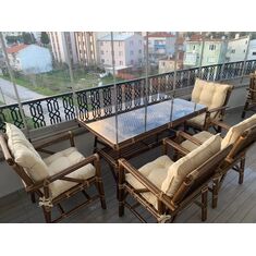 Stewehome Σετ Τραπεζαρίας Μπαμπού για Μπαλκόνι &amp; Κήπο 4 Καρέκλες με Μαξιλάρια &amp; Τραπέζι με Γυάλινη Επιφάνεια 120x70x75 cm 381229 |  Σετ τραπεζαρία κήπου στο espiti