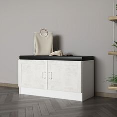 Stewehome Παπουτσοθήκη Πάγκος με Ντουλάπια &amp; Μαξιλάρι Λευκή Rustic με Μαύρο Κάθισμα 90x35x50 cm 454344 |  Παπουτσοθήκες στο espiti