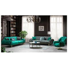Stewehome Σετ Καναπέδων 3+3+1 Βελούδο Σμαραγδί &amp; Γκρι 225x85x95 cm 441481 |  Καναπέδες στο espiti