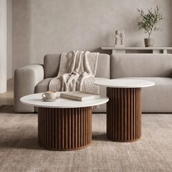 Τραπέζι σαλονιού Skerta pakoworld σετ 2τεμ λευκό sintered stone mdf με καρυδί βάση |  Τραπεζάκια σαλονιού στο espiti