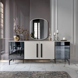 Stewehome Κονσόλα MDF με Πλευρικές Καθρέπτες &amp; Εσωτερικά Ράφια λευκό ματ 200x45x82 cm 397170 |  Βιτρίνες - Έπιπλα εισόδου στο espiti