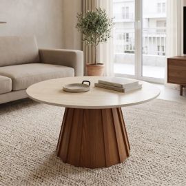 Τραπέζι σαλονιού Franzel pakoworld sintered stone σε όψη τραβερτίνας-mdf σε καρυδι Φ80x40εκ |  Τραπεζάκια σαλονιού στο espiti