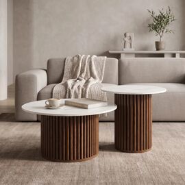 Τραπέζι σαλονιού Skerta pakoworld σετ 2τεμ λευκό sintered stone mdf με καρυδί βάση |  Τραπέζια στο espiti