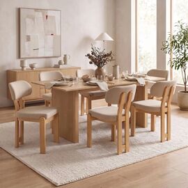 Τραπεζαρία με Καρέκλες Genoa μπεζ και Τραπέζι Eleganza sonoma MDF και rubberwood 180x99x75,8εκ Σετ 7τεμ |  Σετ τραπεζαρίες στο espiti