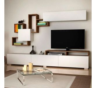 Σύνθεση τηλεόρασης Stamatia Megapap από μελαμίνη χρώμα λευκό - καρυδί 210x36,8x46,8εκ. |  Συνθέσεις σαλονιού στο espiti