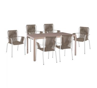 ΣΕΤ ΤΡΑΠΕΖΑΡΙΑ 7ΤΜΧ ΤΡΑΠΕΖΙ ΚΑΠΟΥΤΣΙΝΟ 150Χ90 & ΠΟΛΥΘΡΟΝΕΣ ΛΕΥΚΕΣ ΜΕ ΣΧΟΙΝΙ HM11500 |  Σετ τραπεζαρία κήπου στο espiti