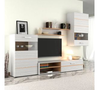 Σύνθεση Τηλεόρασης SOLO PINE 293x41x184cm Νορβηγικό Λευκό με φυσικό δρυ AlphaB2B |  Έπιπλα τηλεόρασης στο espiti