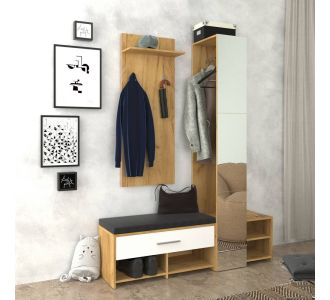 Σετ Εισόδου 3 τεμ. RUTA με Καθρέπτη και Μαξιλάρι Χρυσός Δρύς Με Λευκό 150x40x199cm AlphaB2B |  Βιτρίνες - Έπιπλα εισόδου στο espiti