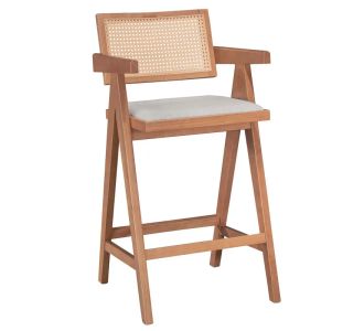 Σκαμπό bar Winslow pakoworld ξύλο rubberwood ανοικτό καρυδί-pvc rattan φυσικό-ύφασμα γκρι |  Σκαμπώ μπαρ στο espiti