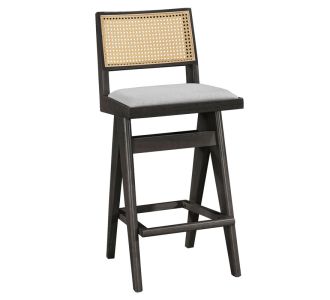 Σκαμπό bar Winslow pakoworld ξύλο rubberwood μαύρο-pvc rattan φυσικό-ύφασμα γκρι 44.5x46x98εκ |  Σκαμπώ μπαρ στο espiti