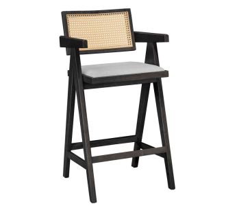 Σκαμπό bar Winslow pakoworld ξύλο rubberwood μαύρο-pvc rattan φυσικό-ύφασμα γκρι |  Σκαμπώ μπαρ στο espiti