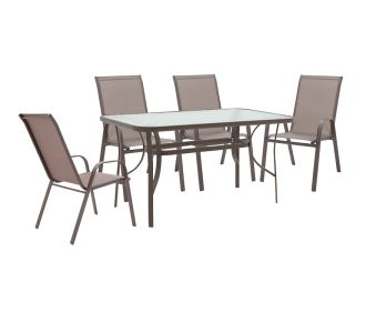 Τραπεζαρία Ensure-Calan pakoworld σετ 5τεμ μέταλλο-γυαλί καφέ 140x80x70εκ |  Σετ τραπεζαρία κήπου στο espiti